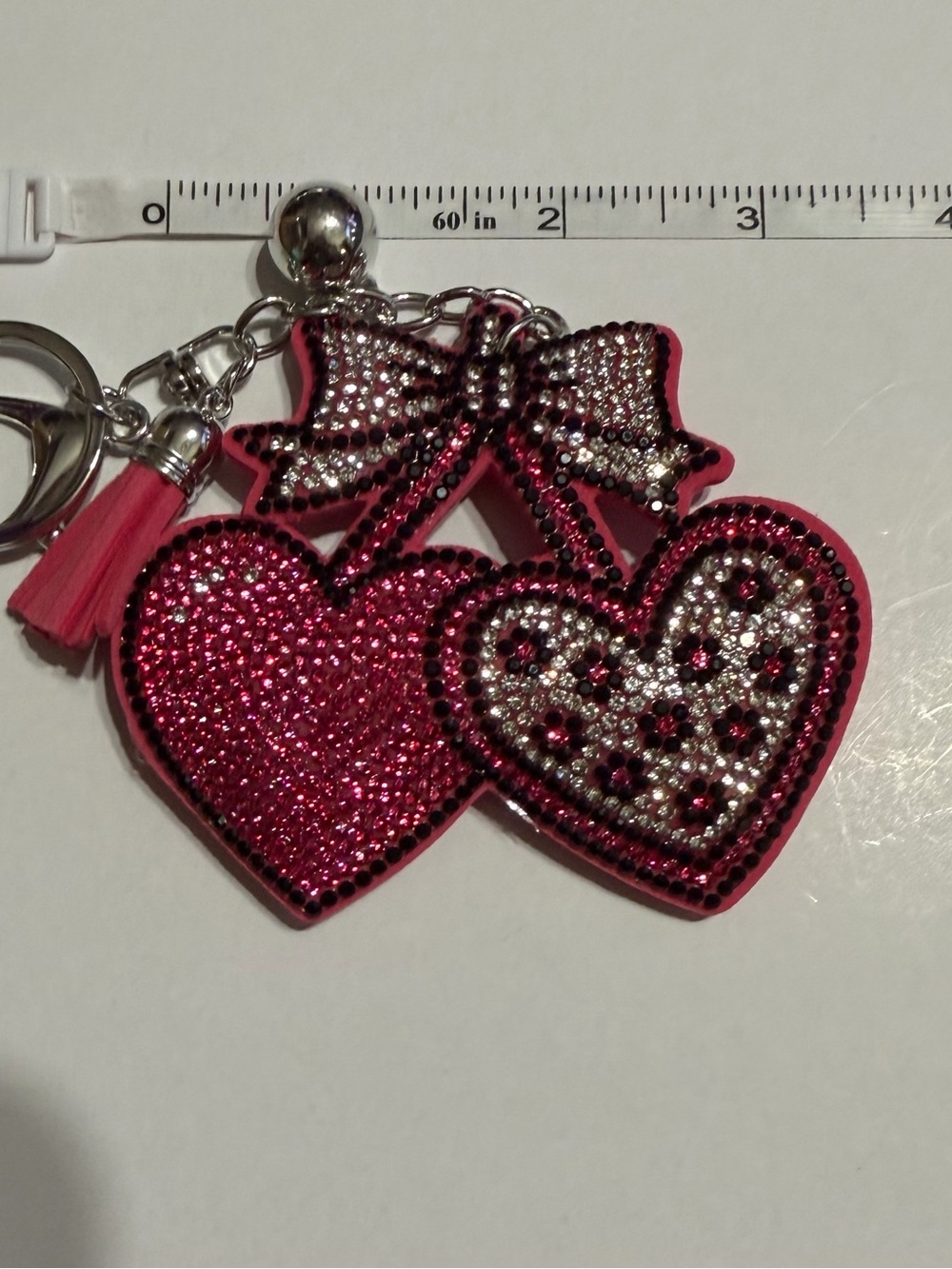 Pink Rhinestone Double Heart Keychain with Tassel